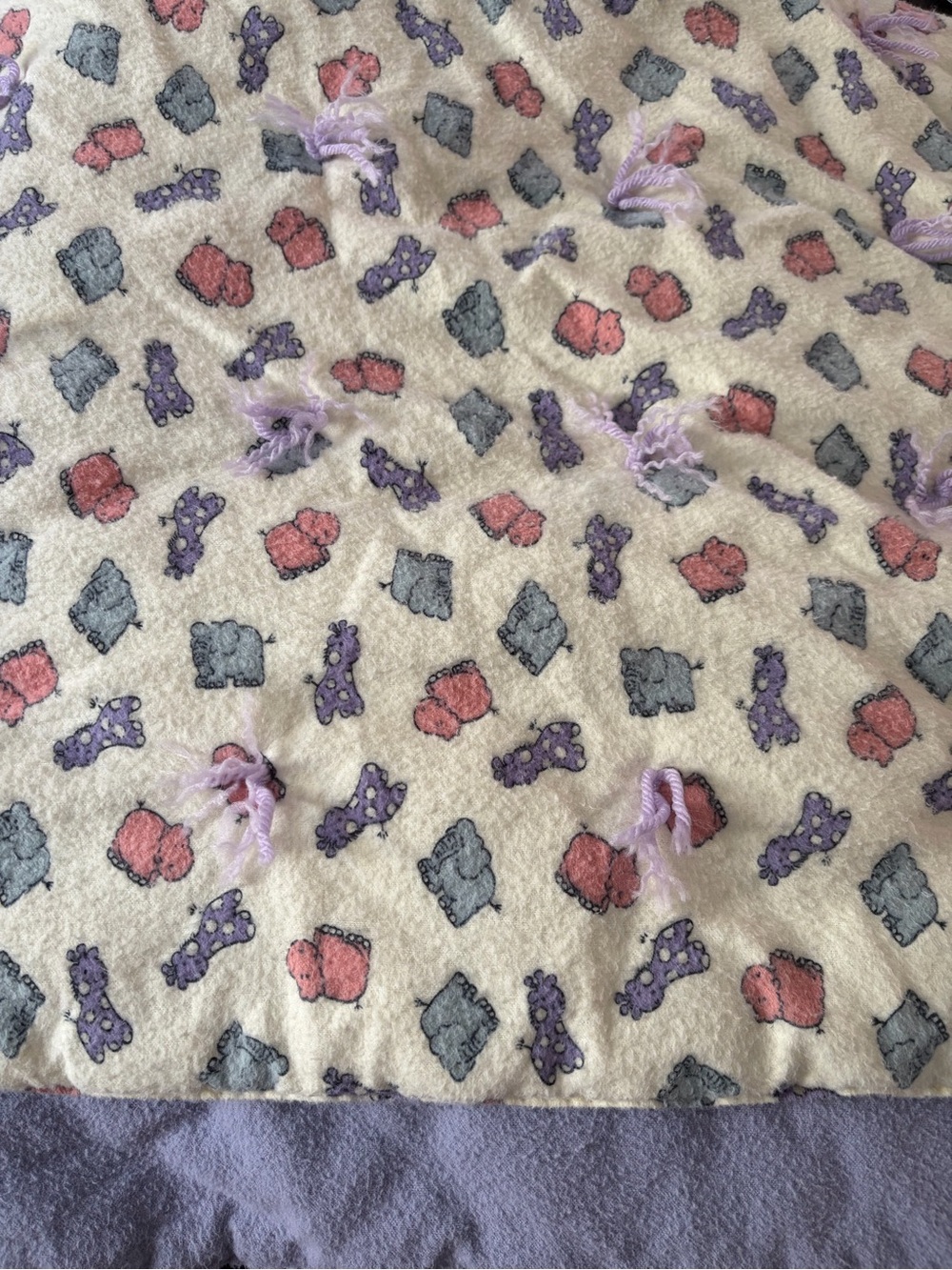 Handmade Fleece Animal Print Lavender Yarn Tied Baby Blanket